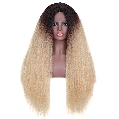 Buladou Hair Ombre Color Kinkys Straight Synthetic Wigs 26 Inch Lace Front Heat Resistant Wigs for Black Women Long High Temperature Wig with 5” Deep Parting Space (1B/613)…