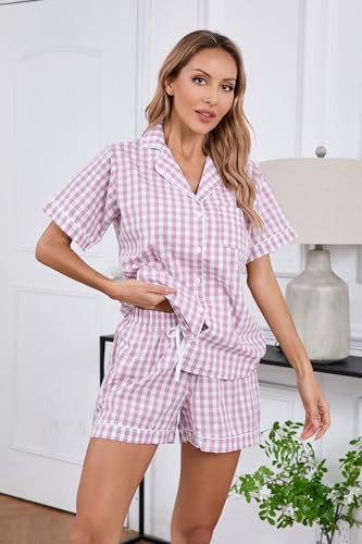 Image of LUBOT 100% Cotton Pajamas for Women 2 Piece PJ Set Poplin Woven Lightweight Ladies Button Short Sleeve Sleepwear S-XXL