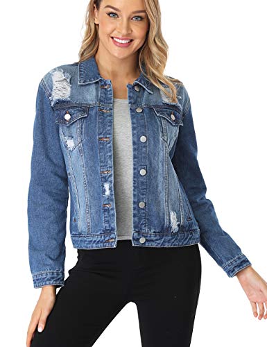 Dilgul Women's Ripped Distressed Casual Long Sleeve Basic Button Down Denim Jean Jacket Blue M