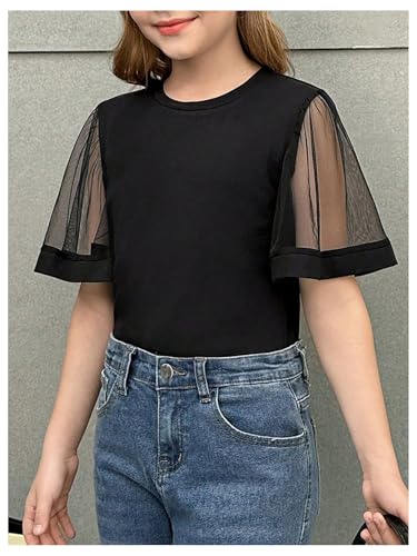 SHENHE Girl's Mesh Flutter Short Sleeve Top Crew Neck Summer Dressy Going Out Tee Shirt3