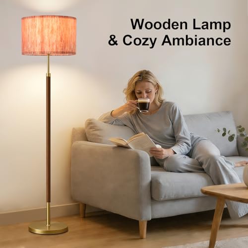 Image of Wood Floor Lamp with 3 Color Temperatures,Vintage Floor Lamp with Remote Control,Dimmable Farmhouse Floor Lamp Mid Century Modern Standing Lamp Farmhouse Tall Pole Lamp for Living Room Bedroom