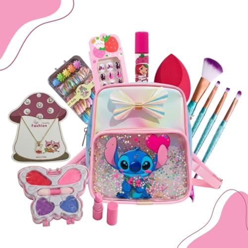 Kit Maquiagem Infantil Completo com Mochila – Estojo de Beleza para Meninas com Pincéis, Gloss, Batom, Acessórios e Unhas Postiças, Lavável e Não Tóxico, Presente infantil