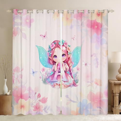 Homewish Rideau Occultant 117x137 cm Filles Fée Rose,Rideau Kawaii Initiale Une Princesse,Rideaux Voilage Fée de Fleur,Voilage Fenetre Papillon Floral...