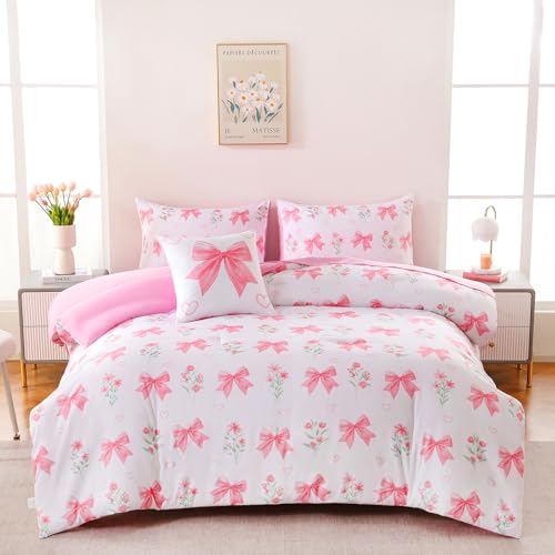 Image of DORCAS Bow Comforter Set Full Bed in A Bag for Girls,6 Pieces Pink Bow Bedding Sets with Sheets for Kids