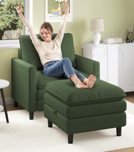 Image of Welzona 3-Layers Cloud Accent Chair with Ottoman, 33 inch Teddy Reading Chair | Comfy Teddy Fabric, Washable Covers, Tool-Free Setup, All-wood Arm Chair and Ottoman Sets for Living Room, Bedroom, Green