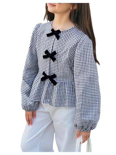 Floerns Girl's Cute Plaid Bishop Sleeve Peplum Top Bow Tie Ruffle Hem Gingham Blouses