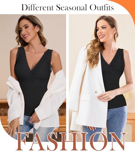 Image of Slimming Tank Top for Women V Neck Lace Camisole Tops with Built in Bra Cami Vest Base Layer