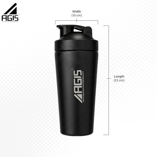Image of AGIS Steel Shaker Stainless Steel 700ml Leakproof Shaker Bottle with Measurement Marking, Perfect for Fitness Enthusiast & Athletes, Ideal for Mixing Protein Shakes & Pre-Workout Formula (Black)