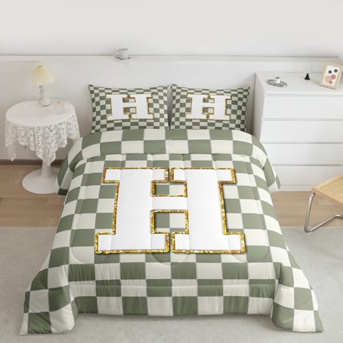 Image of Erosebridal Sage Green Checkered Bedding Set Full Plaid Initial H Comforter Set for Kids Adults Personalized Monogram Down Comforter,Fashion Grids Gingham Quilt Duvet