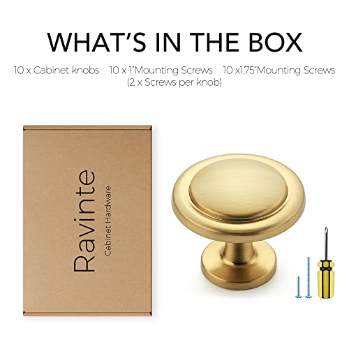 Image of Ravinte 10 Pack 1-1 /4 inch Cabinet Handles - Brushed Brass Kitchen Drawer Pulls, Gold Door Knobs, Dresser Hardware - Round Cabinet Pulls