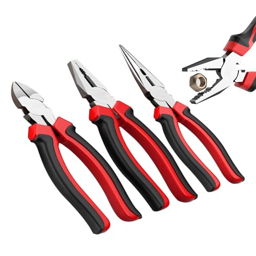 3 Pcs High Leverage Pliers Set,Combination Plier,Diagonal Cutting Plie-rs,Long Nose Plie-r for DIY Household Repair,160 mm,Black&Red