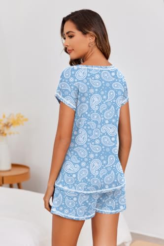 Image of Ekouaer Womens Pajama Sets 2 Piece Soft Short Sleeve Top and Shorts Sleepwear Round Neck Pjs Lounge Set with Pockets