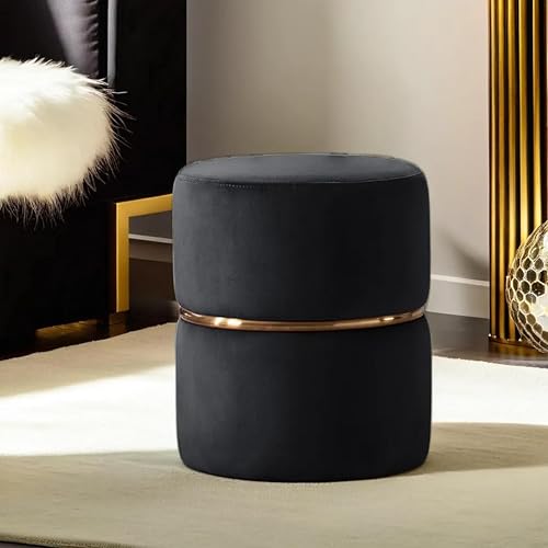 Image of Upholstered Velvet Round singal Strip Office Foot Rest Stool Round Padded Seat Pouf Ottoman for Living Room with Linen Fabric (Black)
