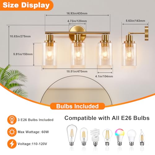 Image of DLLT 3-Light Bathroom Light Fixtures: Gold Modern Vanity Wall Lights with E26 Bulbs - Bubbled Glass Shade Bathroom Wall Lamp for Mirror Kitchen Living Room Hallway Cabinet Porch