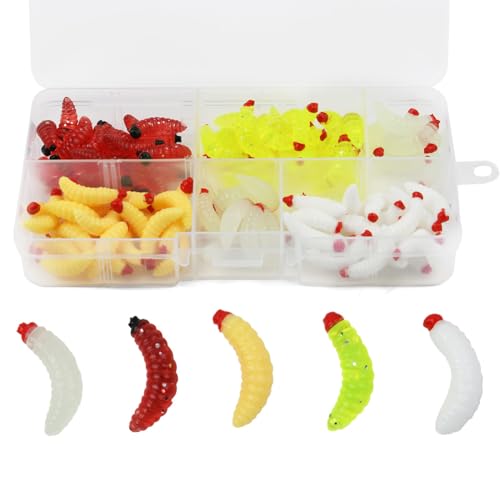 Vicloon Gusano Artificial Señuelo Suave,100 Pcs Señuelos de Gusanos de Plástico Suave,Cebo de Pesca de Plástico de Agua Dulce con Caja Almacenamiento,Cebos de Gusanos Falsos para Trucha,Salmón,Carpa