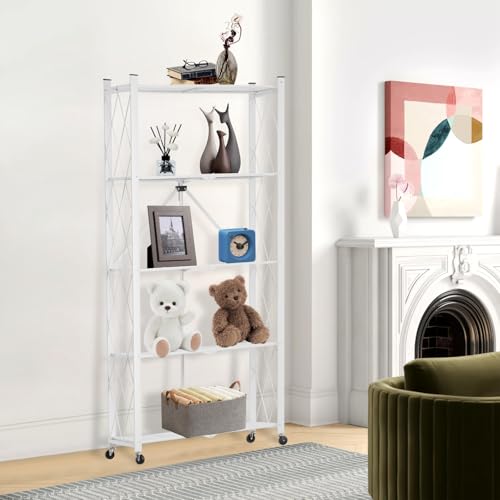 Image of 5-Tier Folding Shelf with Wheels No Assembly Portable Shelves | Suitable for kitchen, bedroom, living room, garage,64.6*28*13.4in