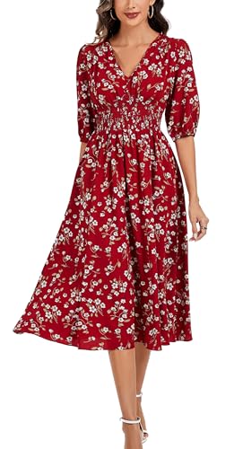 Image of Kormei Women Casual Boho V Neck 3 /4 Sleeve Smocked Waist A Line Flowy Swing Midi Dress Smocked Long Dress