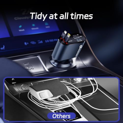 Image of GadgetBite VOLT Car Charger 120 Watt 4 in 1 Charger with Retractable Cables & Dual Ports Type C cable and Lightning cable Super Fast Charger Compatible With iPhone 17 to 11 Pro Max Android iPad - Blue