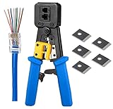 RJ45 Crimp Tool Ethernet Pass Thru Crimper with 5Pack 8Pin Replacement Blades for Pass Through Cat5 Cat5e Cat6 RJ45/RJ12 Regular and End Pass Through connectors