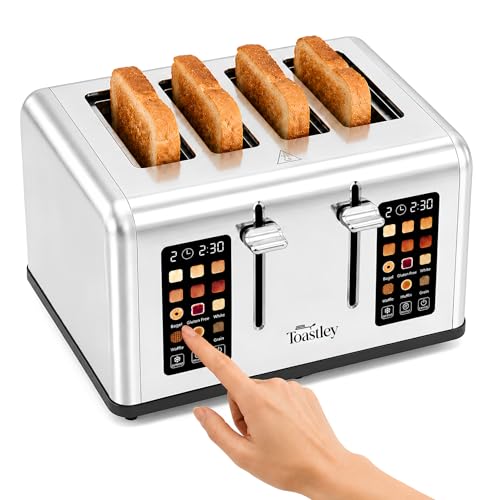 Toastley 4 Slice Smart Toaster with Touchscreen Controls Dual 4.4 Screens 6 Browning Levels & 6 Bread Modes Extra-Wide 120mm Slots Bagel/Defrost/Reheat 1760W Silver Stainless Steel