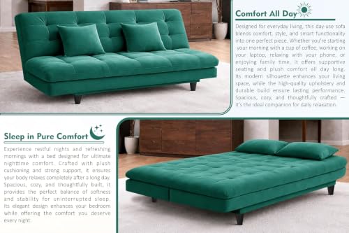 Image of Rosebell Modern Wooden 3-Seater Sofa Cum Bed Foldable Velevt Fabric Sofa for Living Room, Guest Room & Office-Green-Color