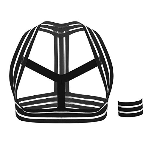 FEESHOW Mens Elastic Striped Shoulder Straps Body Chest Harness Belt Muscles Straps with Armband Club Wear Costume Black One Size