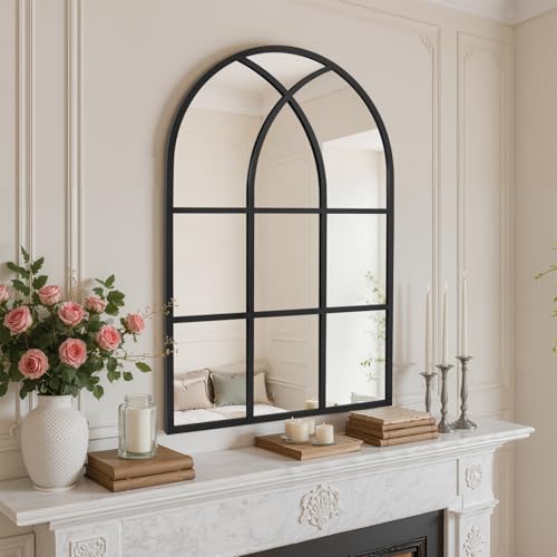Image of Arched Window pane Wall Mirror 24 inchx36 inch, Window Shaped Farmhouse Style with Aluminum Frame, Decorative Wall Mirror Leaning Hanging for Living Room, Courtyard, Bedroom, Entryway, Black