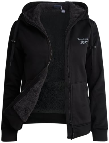 Reebok Womens Fleece Jacket - Warm Lightweight Faux Fur Sherpa Lined Zip Up Hoodie - Soft Hooded Winter Jackets for Women, Size Medium, Black