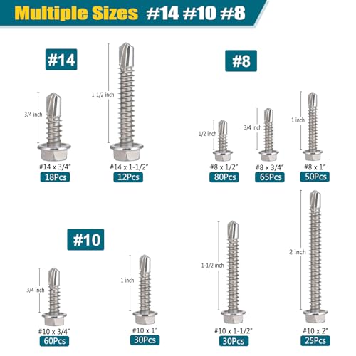 Satantech SAT-ZUANWEI-370 #8#10#14 Self Drilling Screws Assortment Kit,410 Stainless Steel Self Tapping Sheet Metal Screws Hex Washer Head,370Pcs Self Tapping Screws For Metal Wood Plastic,1/2 Inch 3/4 Inch 1 Inch 1-1/2 Inch 2 Inch thumb #1