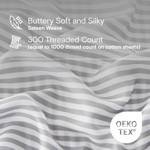 Sijo AiryWeight Tencel Sheet Set, 100% Lyocell Derived from Eucalyptus, Buttery Soft, Architectural Digest 2022 Best Cooling Sheets Winner - 4pc - 2 Pillowcases 1 Fitted 1 Top (Stripe, Cal King)