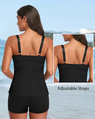 Daci Womens 2 Piece Tankini Swimsuits - Tummy Control Bathing Suit with Shorts V Wire Tankini Top Ribbed Swimwear3