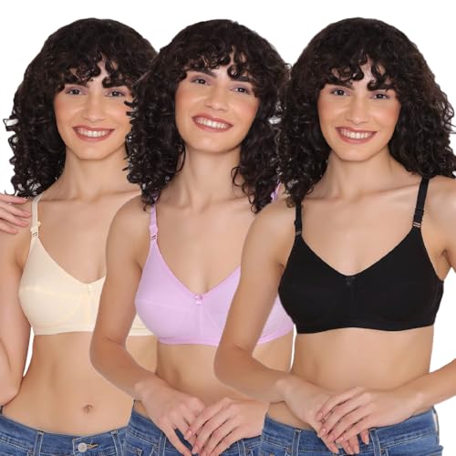 Image of INKURV Cotton Hosiery Bra for Women's Daily use, Full Coverage Bra for Regular wear, Non Padded, Non Wired Everyday Bra with Rich Cotton-Zoe Combo of 3