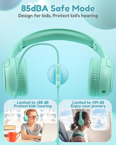 Image of awatrue Kids Headphones for School Travel, 85 /94dB Safe Volume Limit, 3.5mm Jack, HD Mic, Portable Wired Headphone with Shareport, Stereo Sound On-Ear Headphones for Toddler Kids Girls Boys Green
