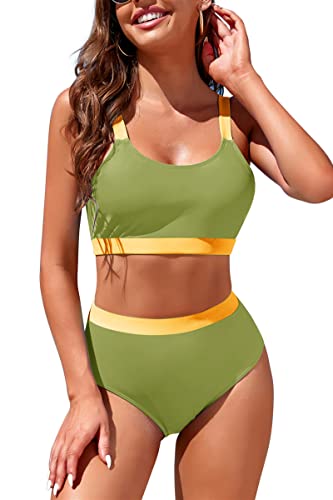 Image of Womens High Waisted Bikini Sets Sporty Crop Top Color Block Swimwear Bandeau Scoop Neck Vintage Two Piece Bathing Suits