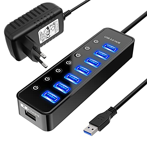 Hub USB Alimentado, 7 Puertos Multi Hub USB 3.0 Alimentación Externa con Interruptor Independiente...
