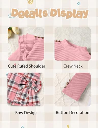 Image of Girls Clothes 2 Piece Ruffle Long Sleeve Shirt Top and Bow Plaid Skirt Set Girls Fall Winter Outfits 6-16 Years