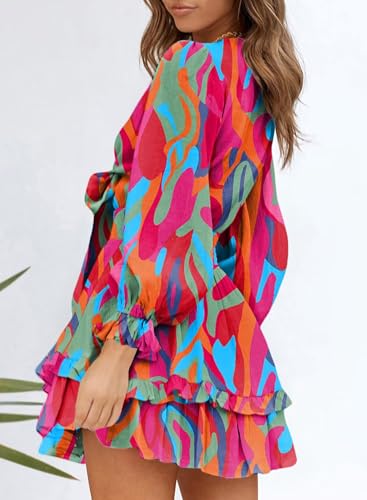 Image of Dokotoo Womens Casual Spring Fall 2025 Deep V Neck Knotted Tiered Chiffon Elegant Mini Short Swing Skater Dresses