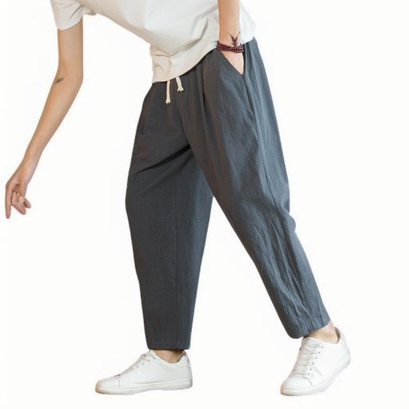 Men's Linen Drawstring Pants for Beach, Summer Causal Baggy Linen Nine-inch Pants Lightweight with Side Pockets