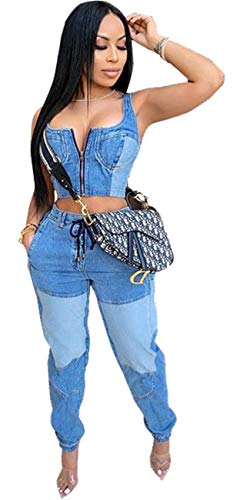 Womens Sexy 2 Pieces Denim Tank Crop Tops Bodycon Jeans Pants Party Clubwear Tracksuit Outfits Set