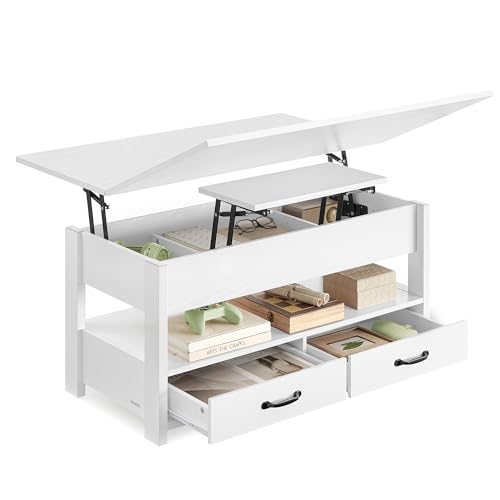 VASAGLE Couchtisch, höhenverstellbarer Wohnzimmertisch, Gaszylinder, 2 Schubladen und 3 Fächer unter der Tischplatte, Kaffeetisch, 1 offenes Fach, für Wohnzimmer, Homeoffice, schneeweiß LCT254W02 VASAGLE Couchtisch, höhenverstellbarer Wohnzimmertisch, Gaszylinder, 2 Schubladen und 3 Fächer unter der Tischplatte, Kaffeetisch, 1 offenes Fach, für Wohnzimmer, Homeoffice, schneeweiß LCT254W02