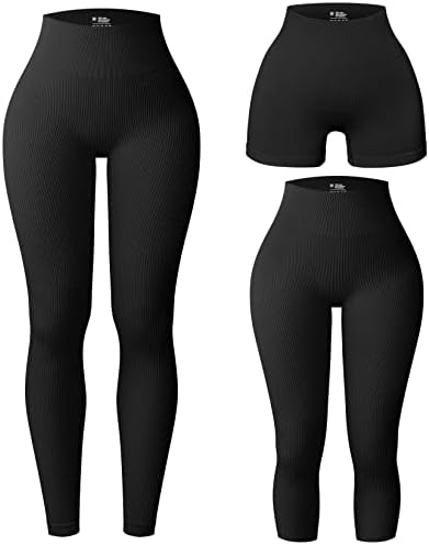 OQQ Women’s 3 Piece Yoga Leggings Ribbed Seamless High Waist Workout Shorts Running Capri Pants Athletic Leggings