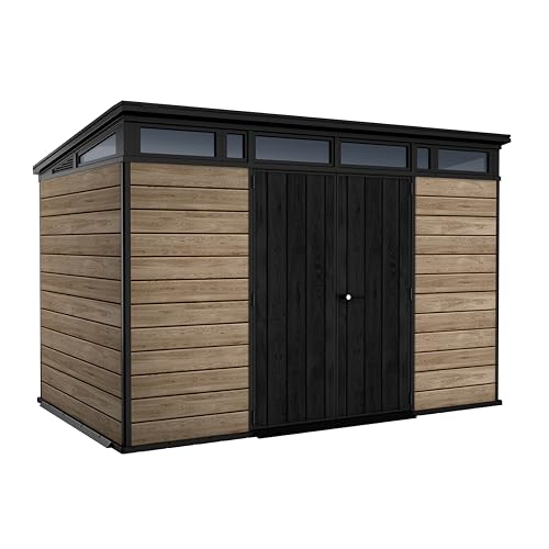 Keter Signature Collection 11x7 Ft All-Weather Storage Shed with Skylight Window Built-in Ventilation & Lockable Double Doors Pine