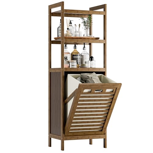 HITNET Meuble Salle de Bain avec Panier à Linge, Armoire Bas Salle de Bain en Bambou avec 3 étagères Ouvertes, 40L Sac Intérieur Amovible pour Buanderie,...
