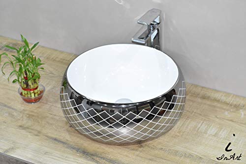 Image of InArt Designer table top wash basin for bathroom /bathroom sink /cabinet wash basin /ceramic basin /counter top basin /vanity washbasin in Round Shape Silver White 16 x 16 x 6 Inch
