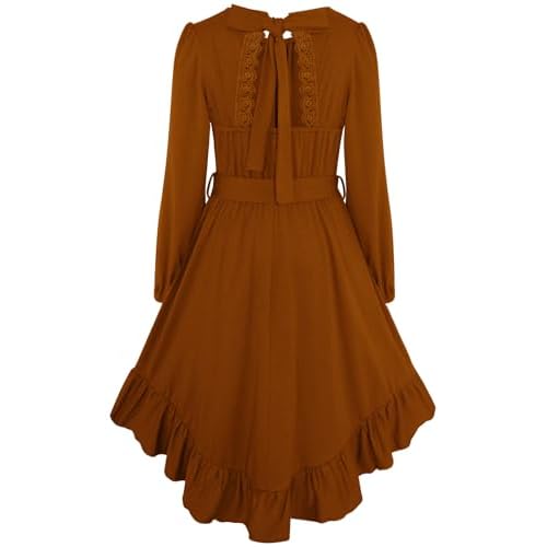 Girls Long Sleeve Dress Teen Kids Tie Back Lace Backless High Low Ruffle Swing Dresses with Belt Size 5-16 Years Blue 6-7 Years