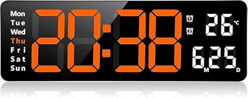 Wnicek 13インチ大画面 デジタル時計 壁掛け 卓上 大文字 大型 目覚まし時計 気温/日付表示 アラーム カウントダウン カウントアップ ストップウォッチ リモコン付き USB給電 明るさ調節でき オレンジ リビングルーム/キッチン/ガレージ/ファ