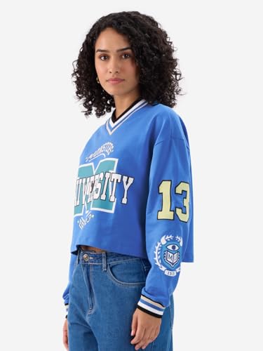 Image of The Souled Store Official Pixar: Monster University Women and Girls Long Sleeve V Neck Blue Graphic Printed Cotton Oversized Cropped T-Shirts