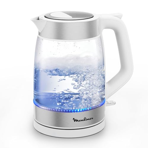 Moulinex Bouilloire Électrique en Verre 1,7 L, Ébullition Rapide, Transparente, Filtre Amovible, Éclairage LED, Base 360°, Sans Fil, Blanc, BY6R5130