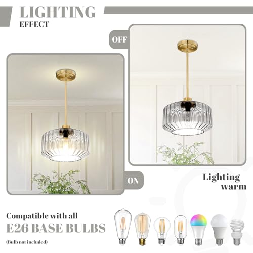 Image of Pendant Lights Kitchen Island Mid Century Modern Ceiling Light Gold Chandelier with Clear Glass Shade Hanging Lights for Bedroom Living Dining Room Compatible with E26 Bulb (Bulb Not Included)