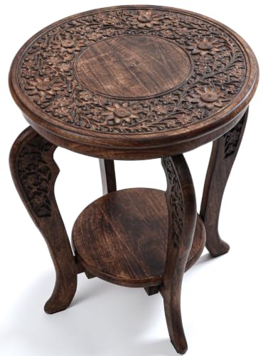 Woodify Side Table Hand-Carved Mango Wood – 18x22 Rustic Natural Burnt